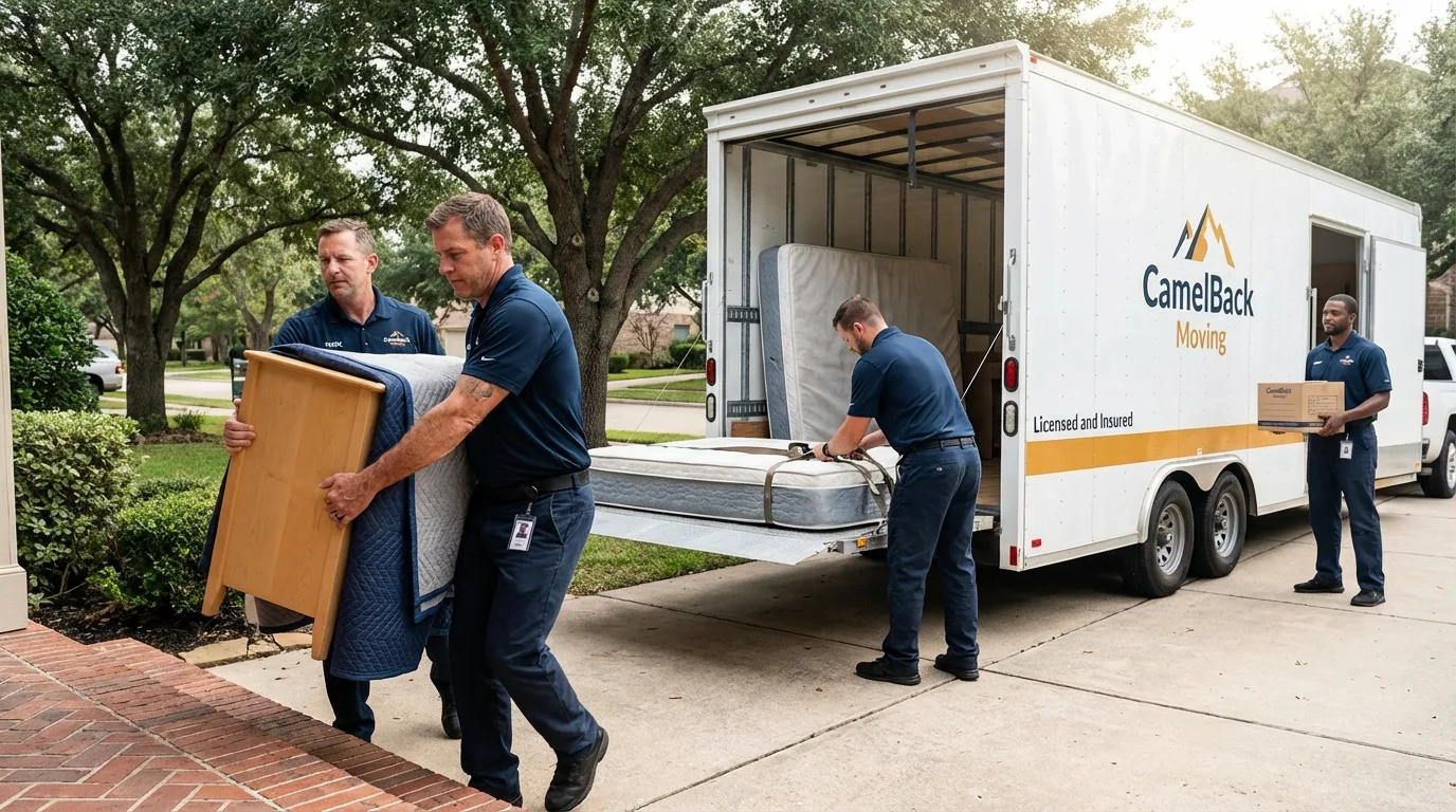Crew loading residential truck for cross-state move from Farmington, IL