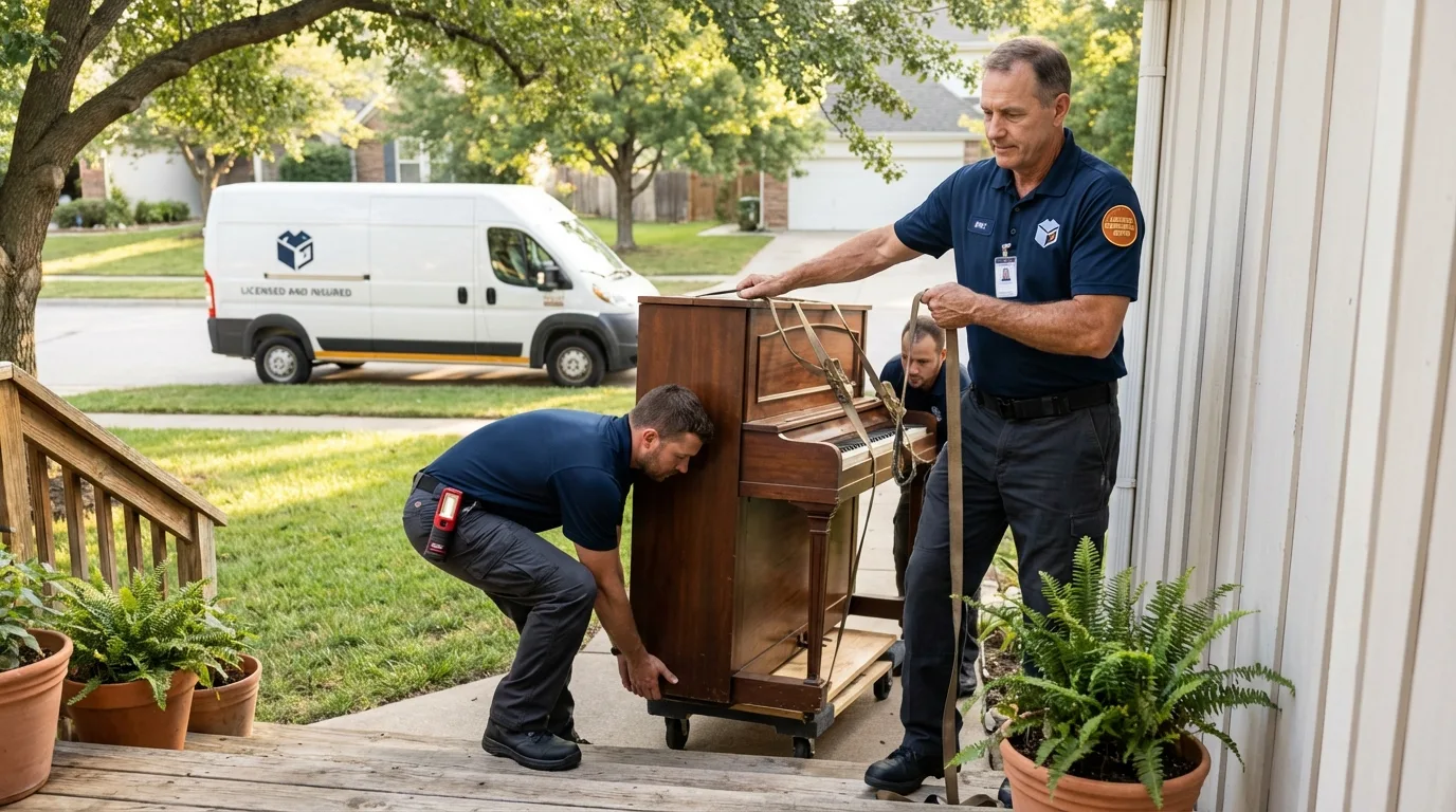 Licensed piano movers securing grand piano in Farmington, IL