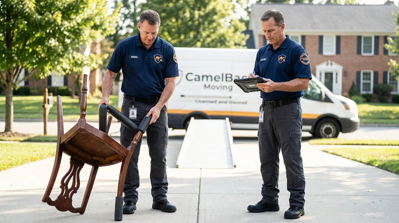 Movers inspecting furniture for damage prevention before loading in Farmington, IL