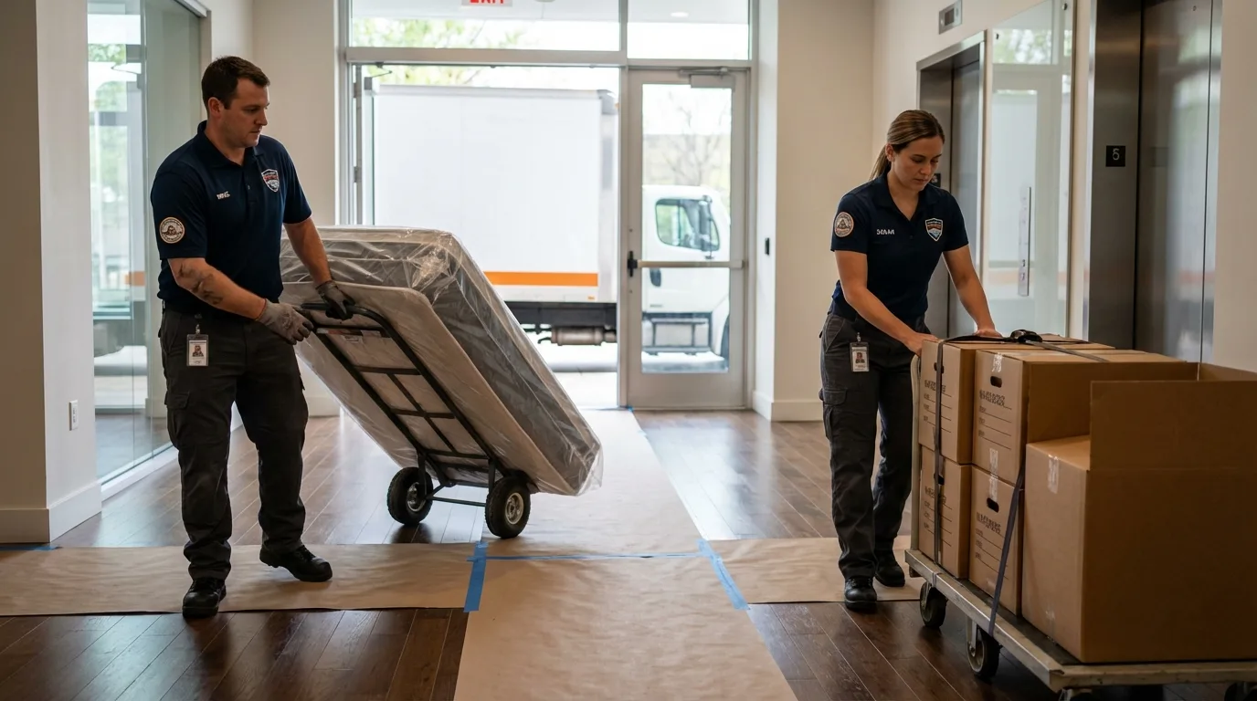 Professional apartment movers loading elevator in Farmington, IL