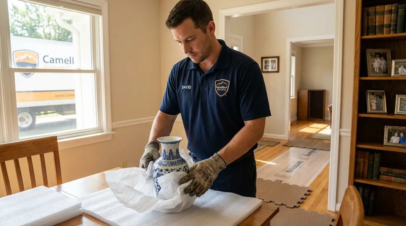 Professional crew carefully wrapping antique vase for senior downsizing move in Farmington, IL